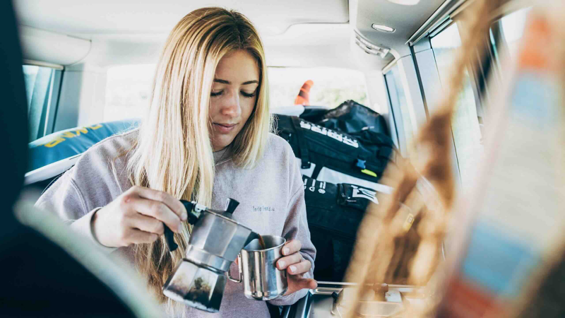 Drinking coffee in the VW California.
