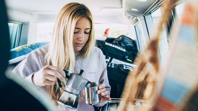 Drinking coffee in the VW California.