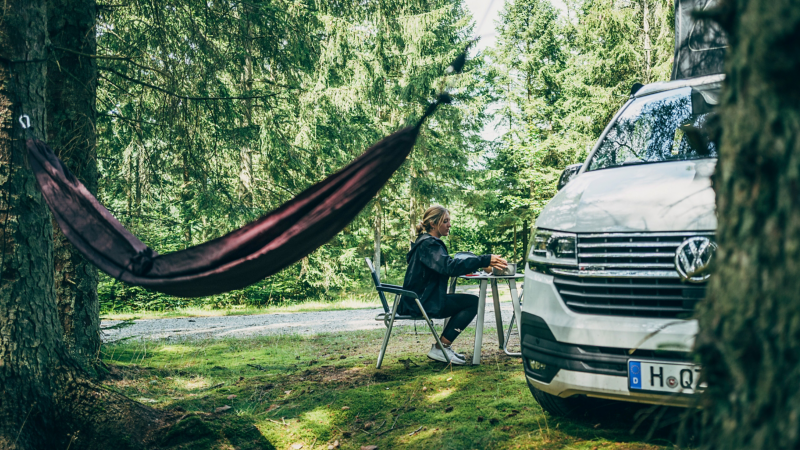 Hammock next to a VW California.