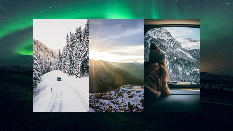 Eine Bildercollage mit grünlichen Polarlichtern im Hintergrund. Darauf: links ein California auf verschneiter Straße, in der Mitte fährt er eine sonnige Bergstraße hinauf, rechts blickt ein Mädchen verträumt aus dem Fenster des Californias.