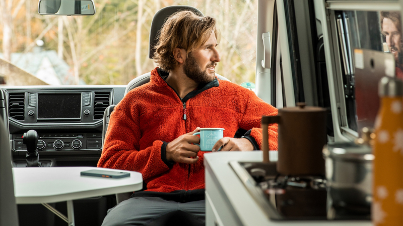 Drinking coffee in the VW Grand California.