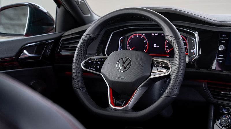 Close up of the steering and dash in the Volkswagen Jetta GLI