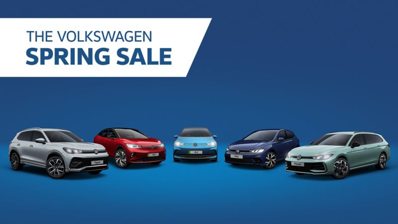 Text reads The Volkswagen Spring Sale with the Volkswagen range of cars in the background