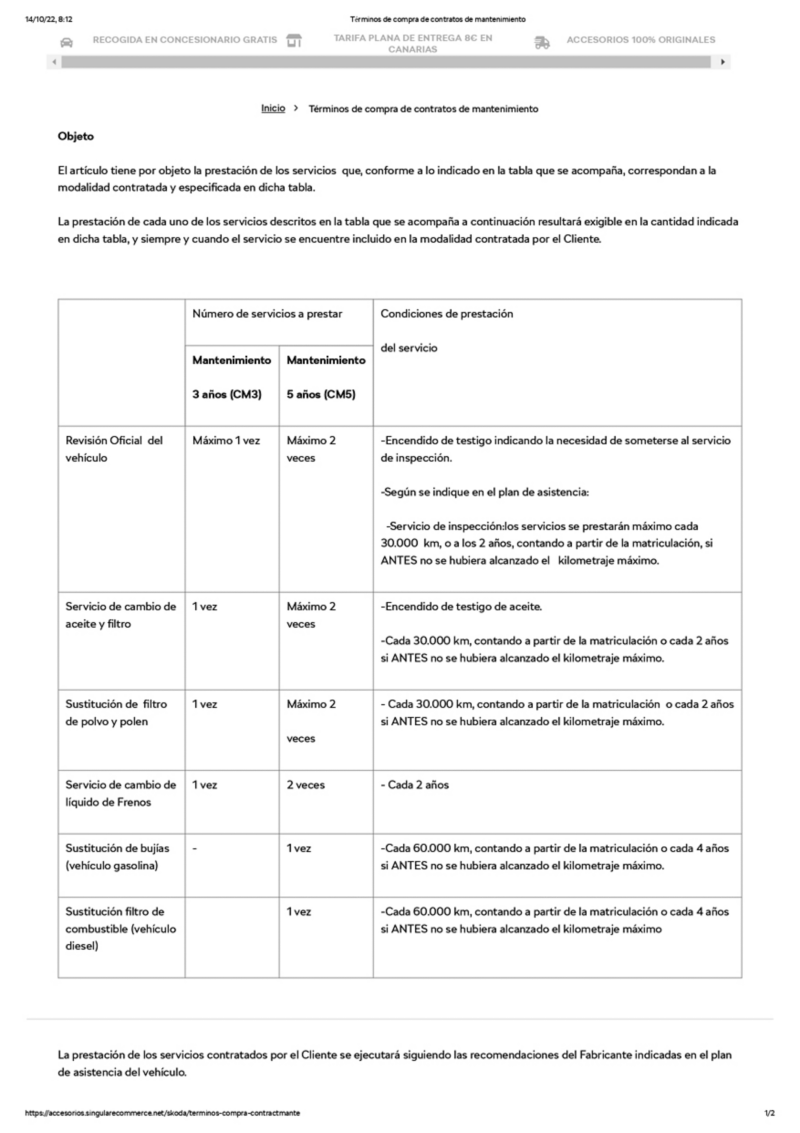 terminos de compra de contratos de mantenimiento Volkswagen Canarias