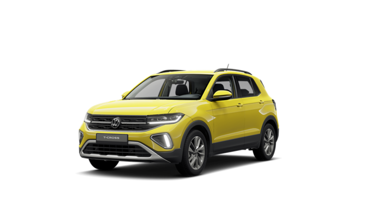 Ein gelber, freigestellter VW T-Cross von schräg vorne