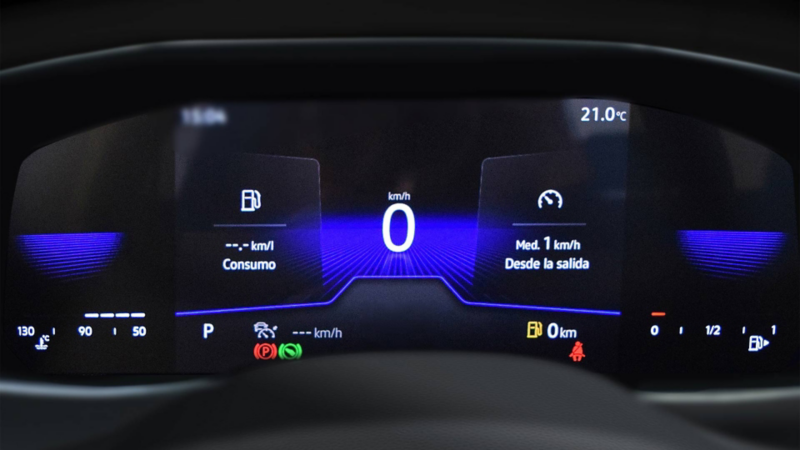 Digital Cockpit de auto Volkswagen con kilometraje en 0.