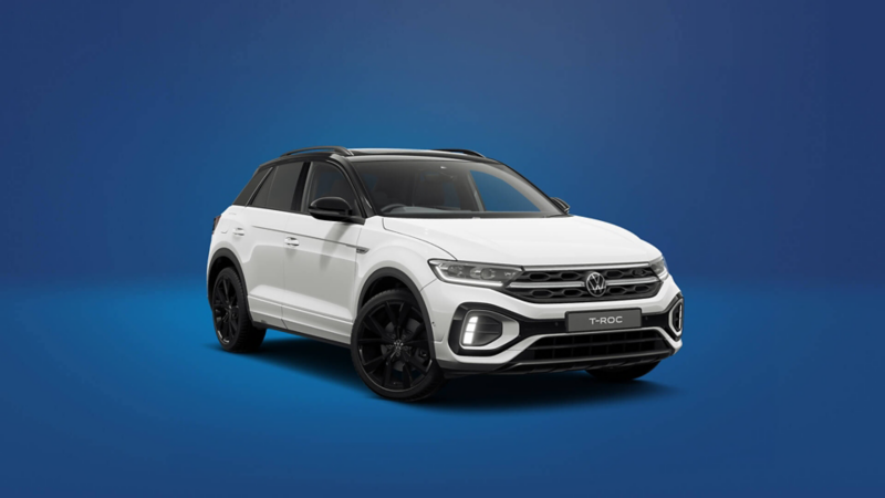 A front 3/4 shot of a Volkswagen T-Roc set on a blue background