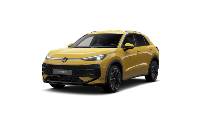 Ein gelber, freigestellter VW T-Roc von schräg vorne