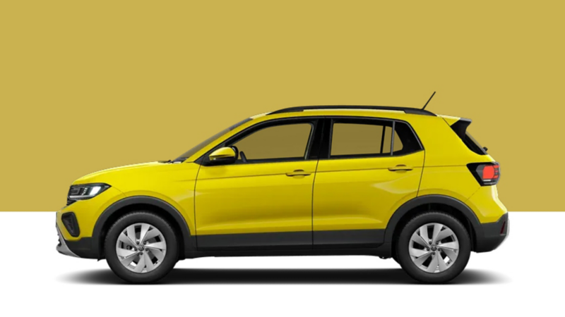 Side view of a VW T-Cross on a yellow background