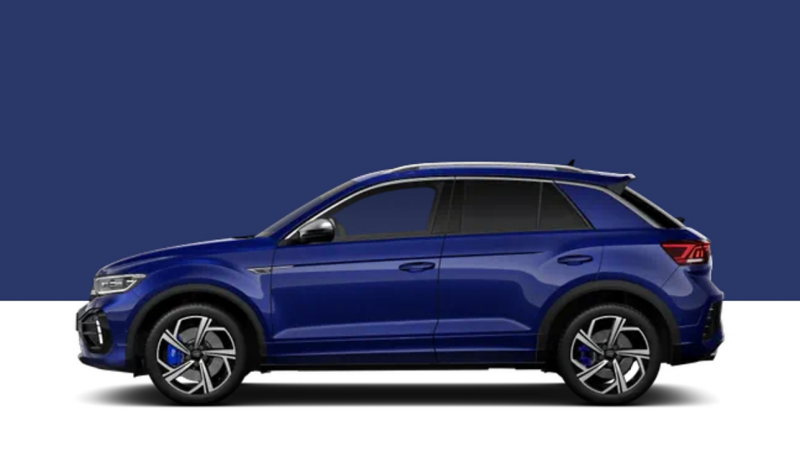Side view of a blue VW T-Roc on a blue background