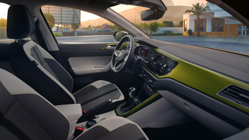 VW Taigo interior: View into the cockpit with the optional "Visual Green" design package