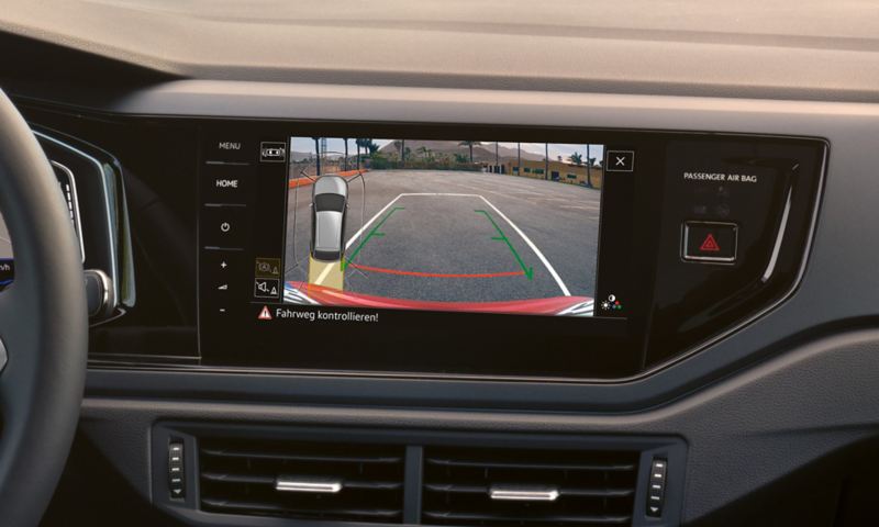 VW Taigo interior: The screen of the infotainment system shows the Rear View reversing camera