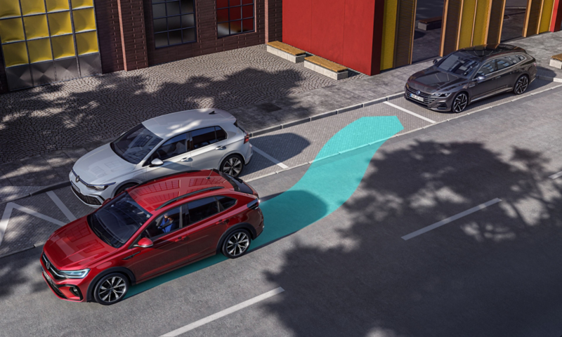 Schéma illustrant l'utilisation du park assist avec un Taigo.