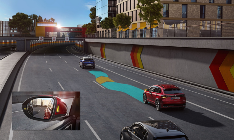 Illustration zeigt schematisch anhand eines VW Taigo die Funktionsweise des Side Assist.