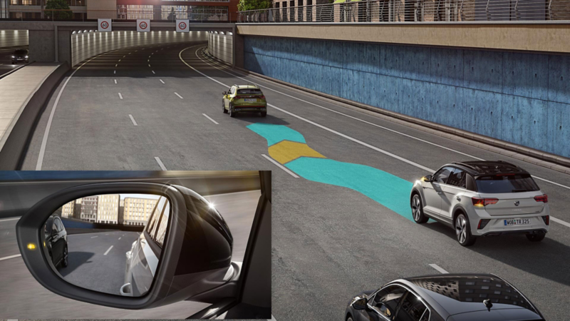 Grafikken viser, hvordan Side Assist fungerer i T-Roc.