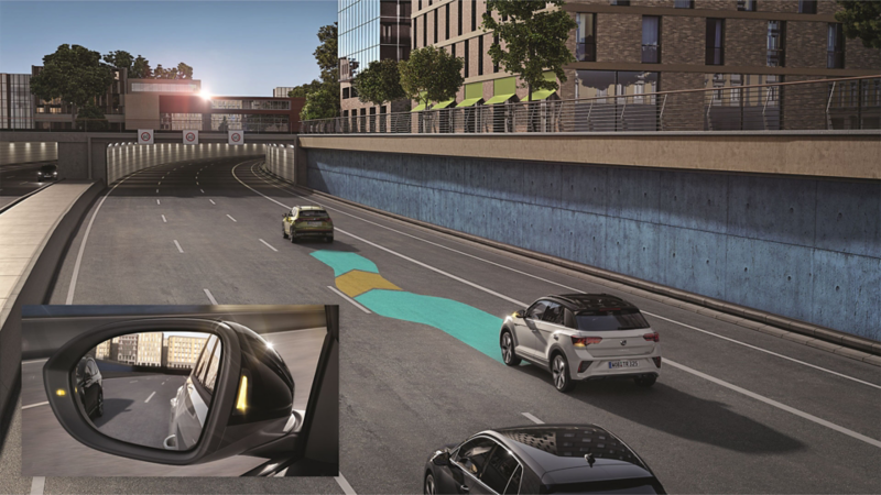 Illustration zeigt schematisch anhand eines VW T-Roc die Funktionsweise des Side Assist.