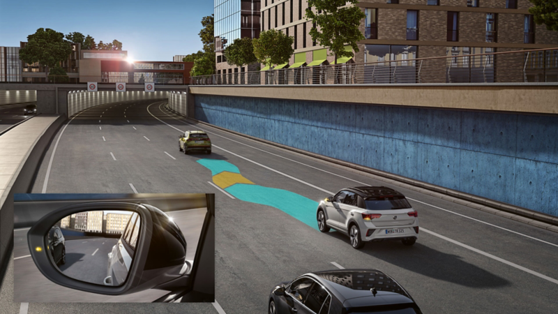 Grafikken viser, hvordan Side Assist fungerer i T-Roc.