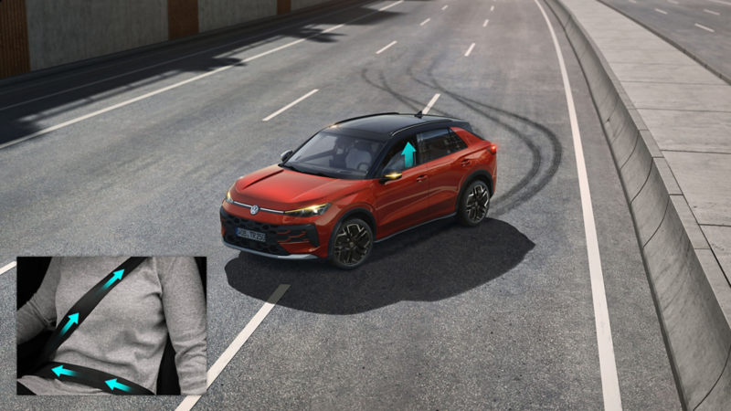 The illustration demonstrates how the proactive occupant protection system works using a VW T-Roc as an example.