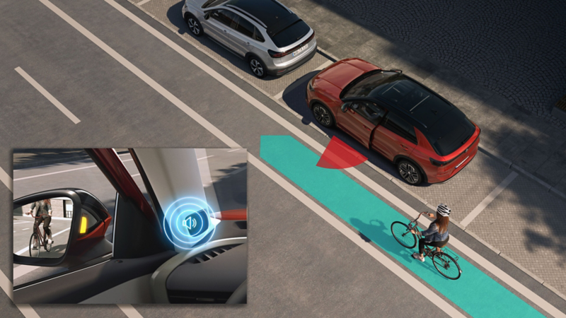 L’illustration montre comment fonctionne le système d’alerte de sortie en prenant le VW T-Roc comme exemple.