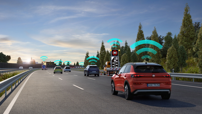 The illustration demonstrates how Car2X works using a VW T-Roc as an example.