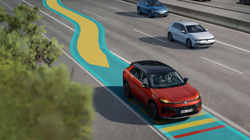 Illustration zeigt schematisch anhand eines VW T-Roc die Funktionsweise des Emergency Assist.