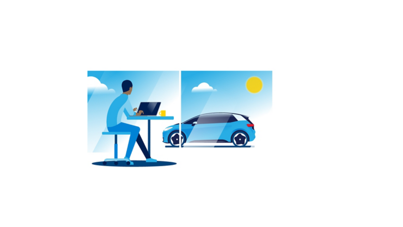 Un homme travaille en ayant vue sur sa Volkswagen ID.3.