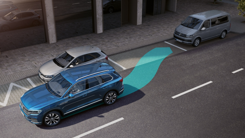 Grafika sposobu działania asystenta parkowania Park Assist.