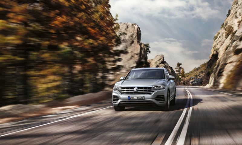 Rear view of VW Touareg while driving