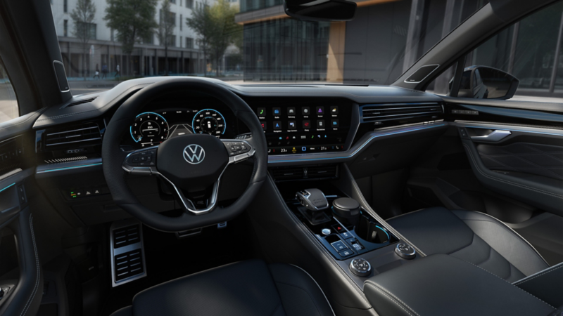 Förarplatsen i en VW Touareg visar den blå ambientebelysningen med vit upplyst FINAL EDITION-text.