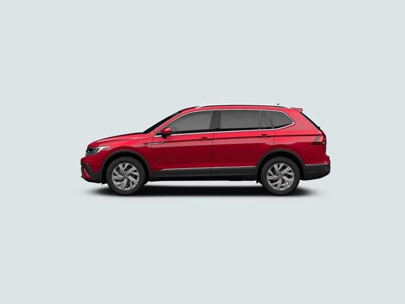 Profile view of a red Volkswagen Tiguan Allspace..