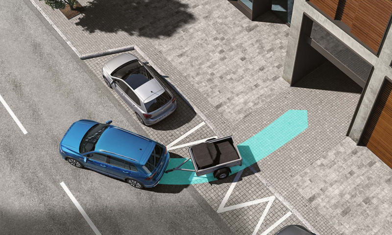 Grafik zur Verdeutlichung wie der optionale Trailer Assist im Tiguan Allspace funktioniert.