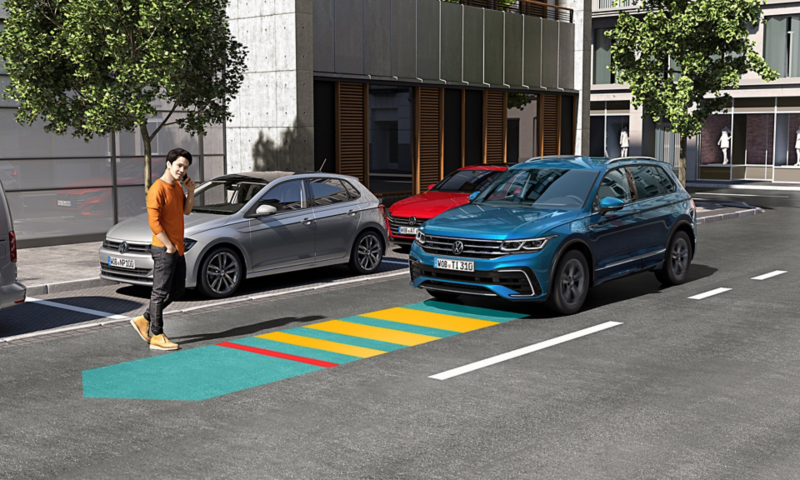 Grafik zur Verdeutlichung wie der Front Assist im Tiguan Allspace funktioniert.