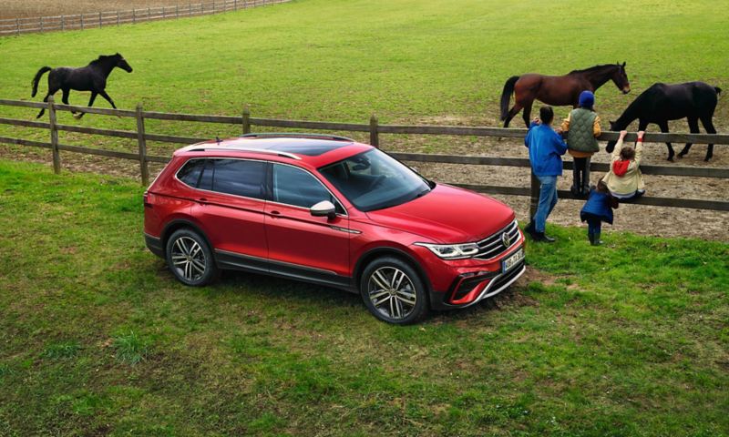 Der neue Tiguan Allspace in Rot steht vor einer Pferdekoppel