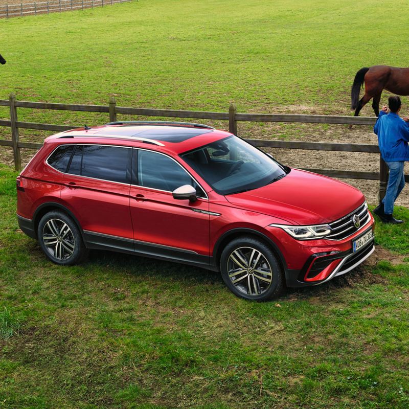 En röd Tiguan Allspace parkerad vid en hästhage. En familj står och tittar på hästarna