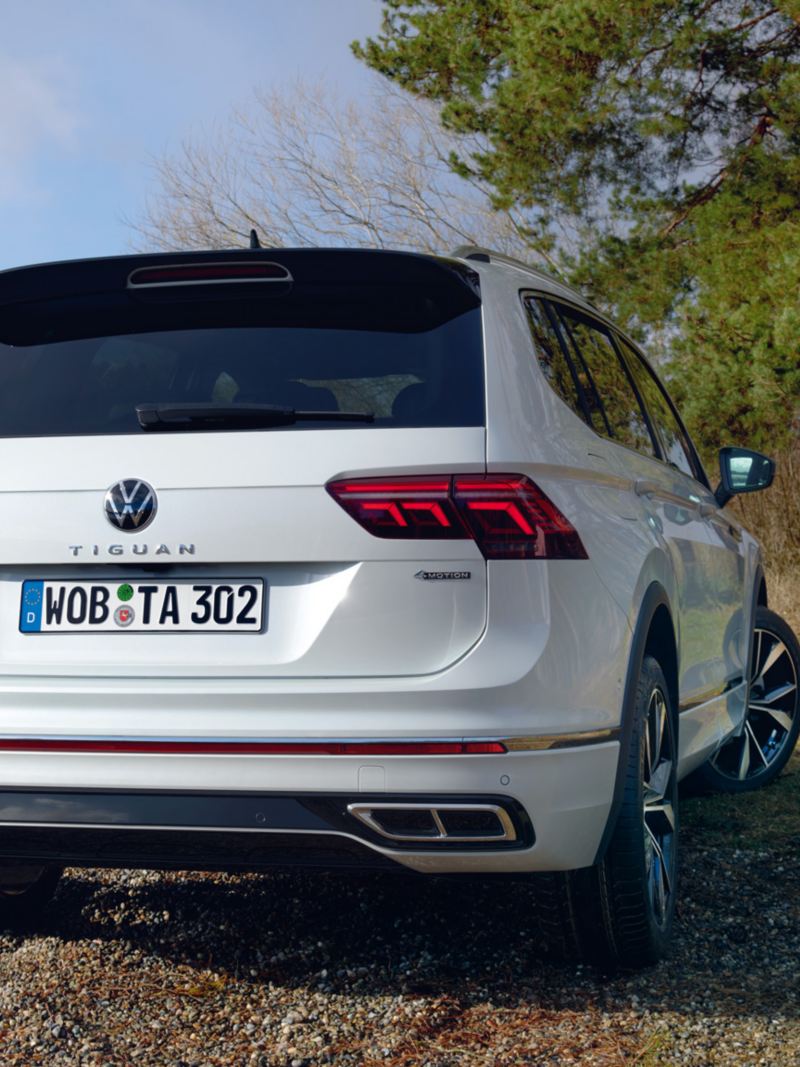 A white Volkswagen Tiguan Allspace is parked in a meadow, view of the rear. 