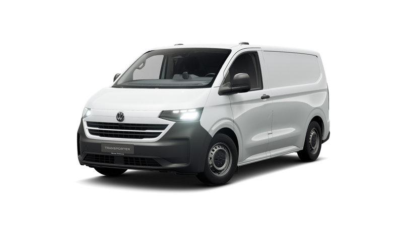 Ein Transporter Kastenwagen eHybrid vor weißem Hintergrund.
