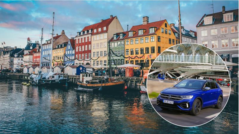 Stadsmiljö vid kanal, med en Volkswagen T-Roc markerad i en cirkel