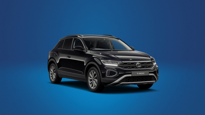 A front 3/4 shot of a Volkswagen T-Roc set on a blue background