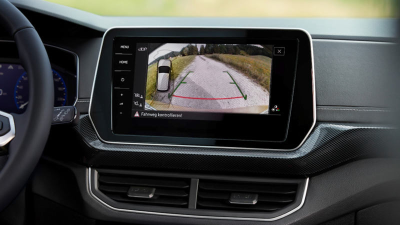 Rear view camera view on the navigation screen.