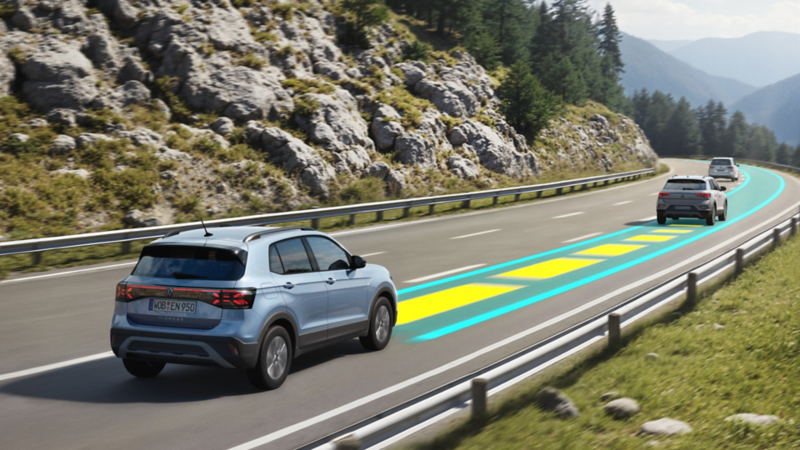Ein VW T-Cross ENERGY fährt auf einer Bergstraße mit aktivem Travel Assist.