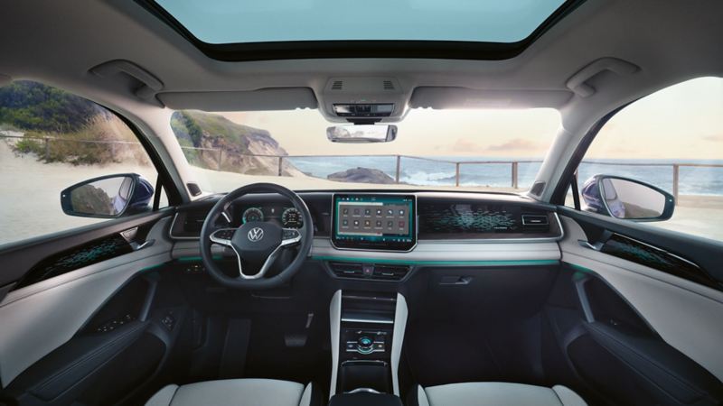 Interior view of the Tayron's cockpit with a beach visible through the windows