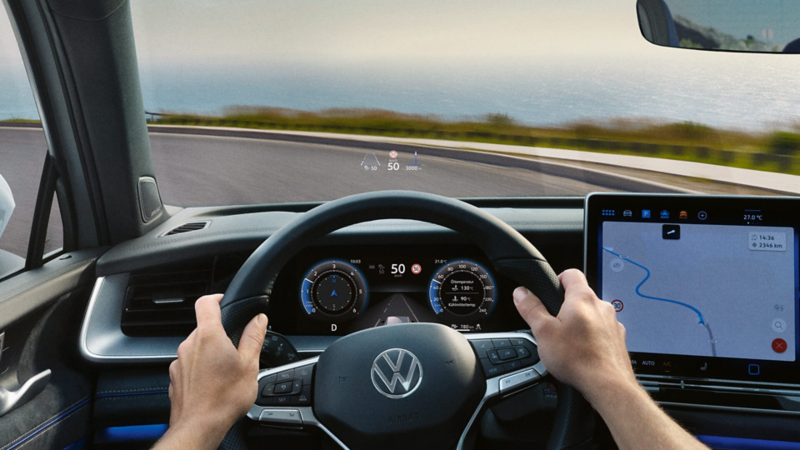 Interior view of the Tayron from the driver's perspective demonstrating the head up display
