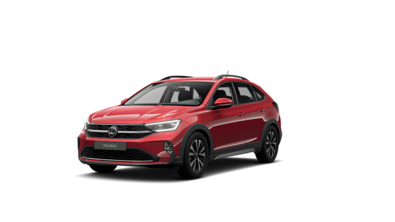 Ein roter, freigestellter VW Taigo von schräg vorne