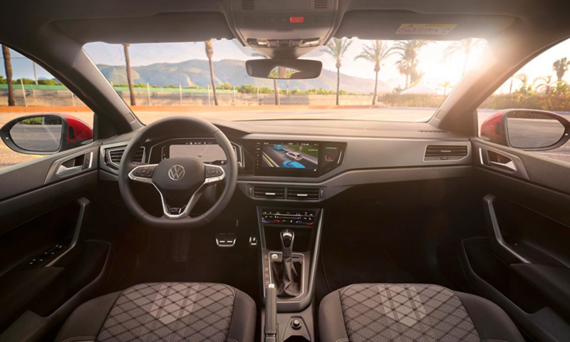interior view of the Taigo with the sun shining through the windscreen