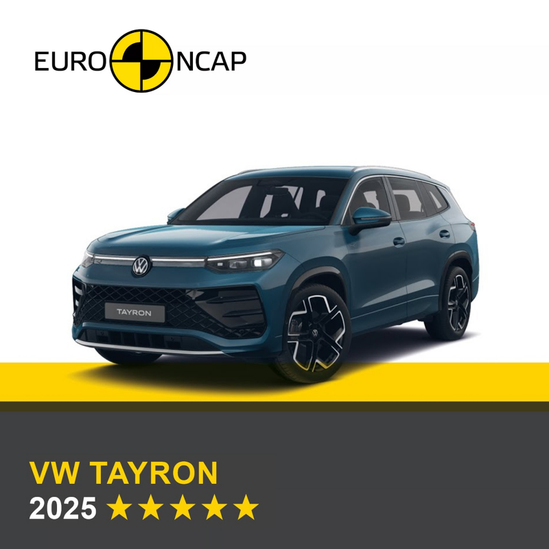 A cut-out of a blue Volkswagen Tayron sitting on a yellow platform, with graphics underneath displaying its 5 star NCAP rating.