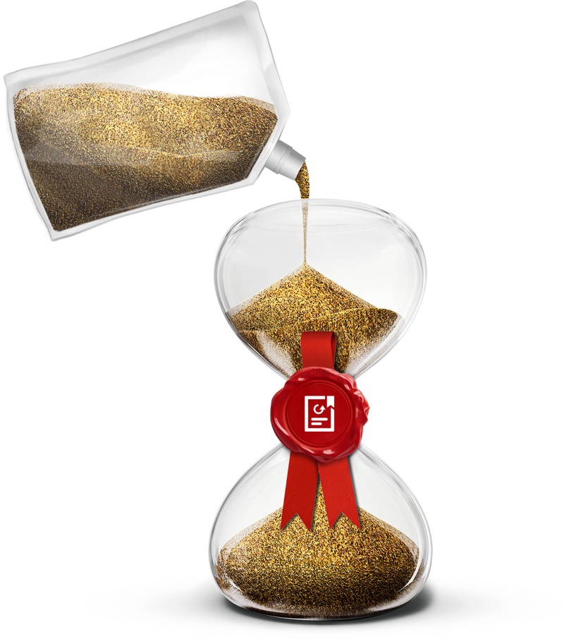  Du sable doré est versé d'une bouteille transparente dans un sablier orné d'un ruban rouge et d'un sceau rouge avec une icône de document.
