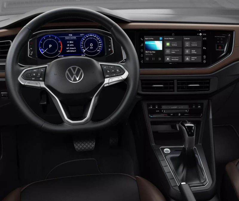 Interior del Volkswagen Virtus 2024 mostrando el volante multifunción y el tablero digital avanzado.