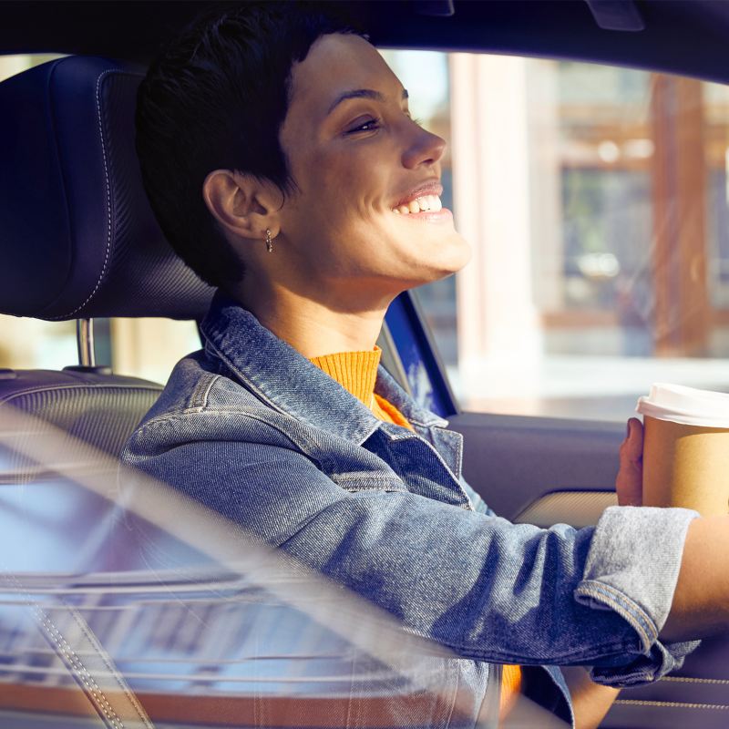A steering wheel inside a Volkswagen car