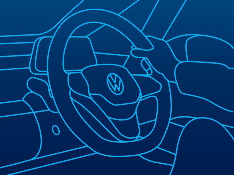 Illustration of a hand holding a steering wheel of a Volkswagen