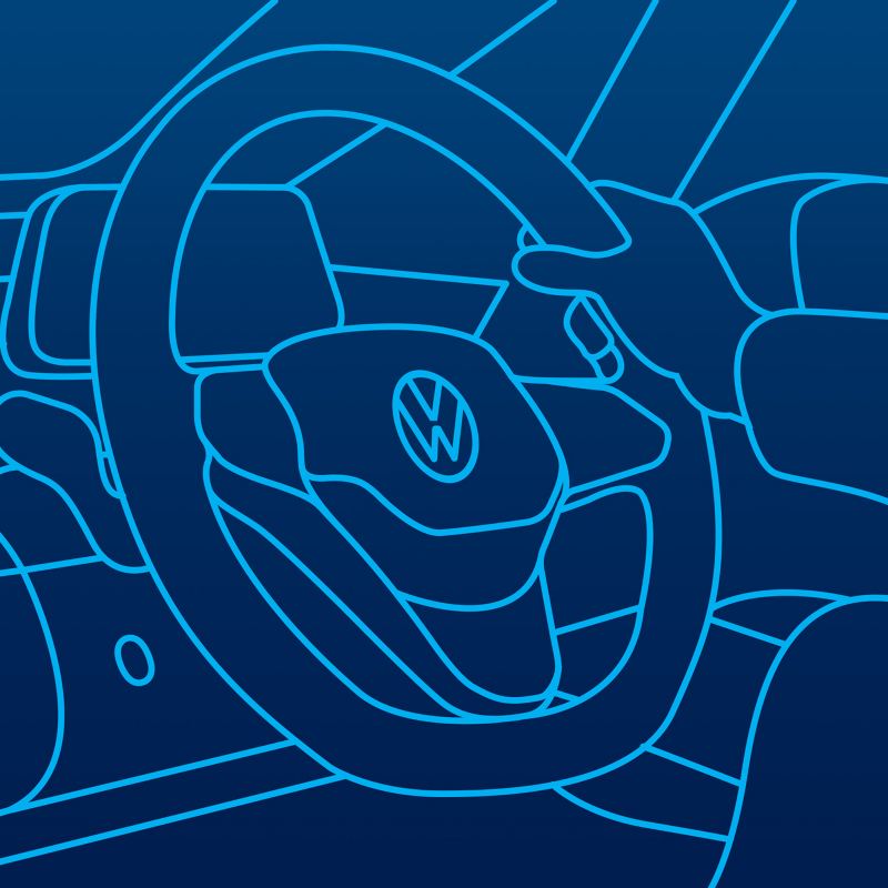 Illustration d’une main qui tient le volant d’une Volkswagen